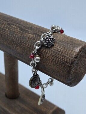 00's Red Rhinestone Floral Charm Bracelet Chain Link Silver Tone Fashion Costume